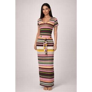 Goodtime USA Womens L Maxi Dress Multicolor Striped Cap Sleeve Belted Boho